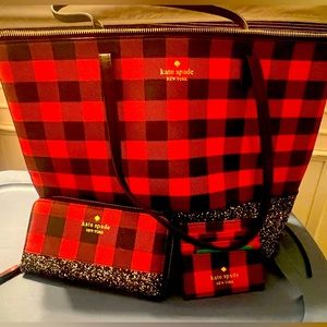 Buffalo plaid and black glitter Kate spade purse set